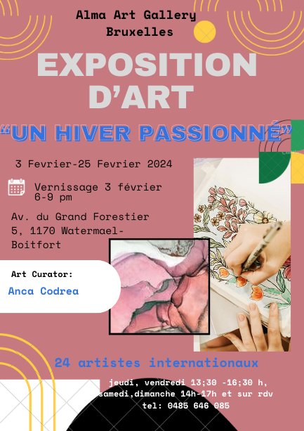 flyer Alma art gallery exhibition un hiver passionné February 2024